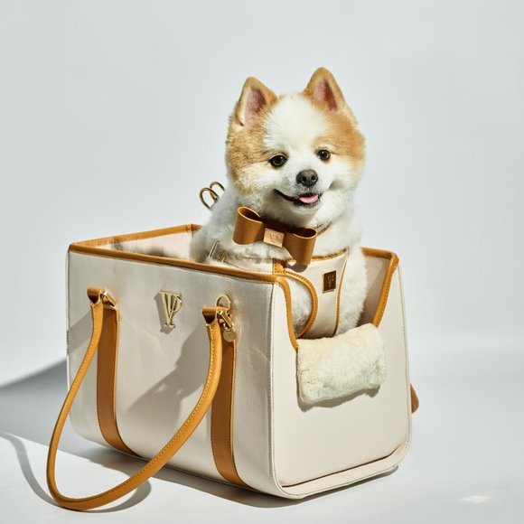 Ivory and Gold Leather Luxury Dog Carrier, Dog Bag, Dog tote for small dogs - Picture 9 of 9